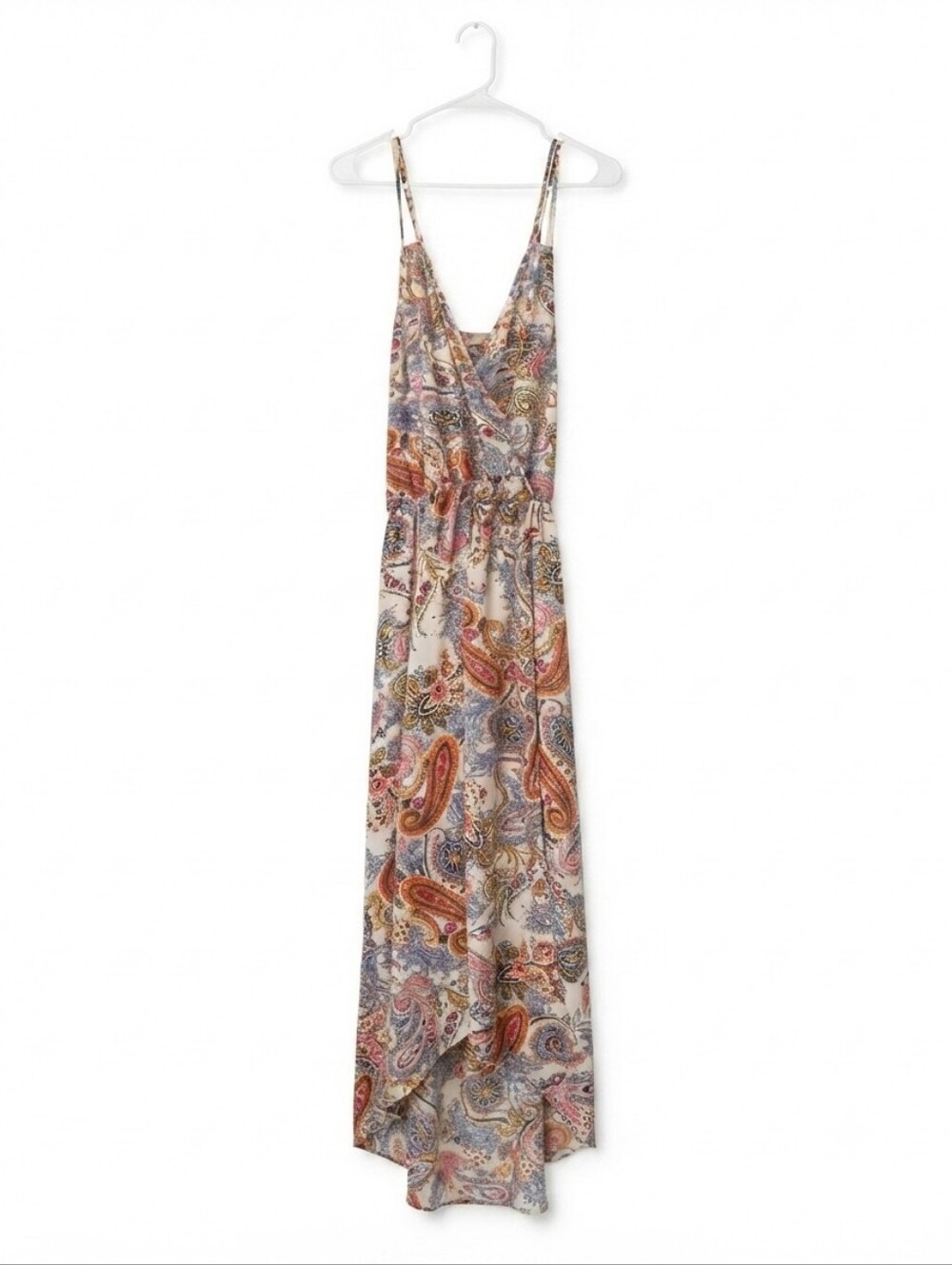 Ariella Paisley Printed High-Low Maxi Dress Mock Wrap Tie Waist Size L